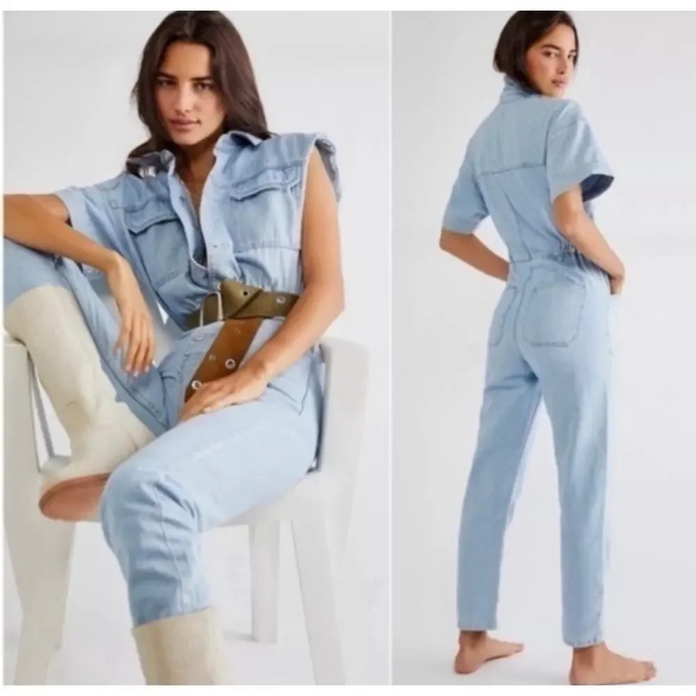 We The Free Marci Jumpsuit MClear Skies Denim Coveralls Boho Utility Romper